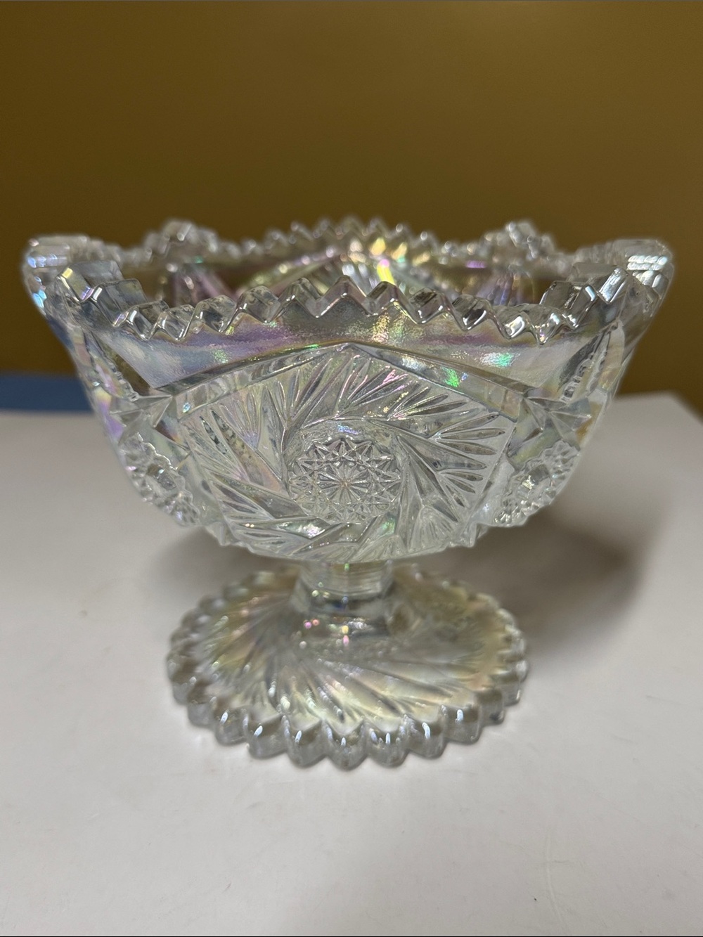 L.E. Smith Iridescent “Comet in the Stars” Carnival Glass Compote 5” tall